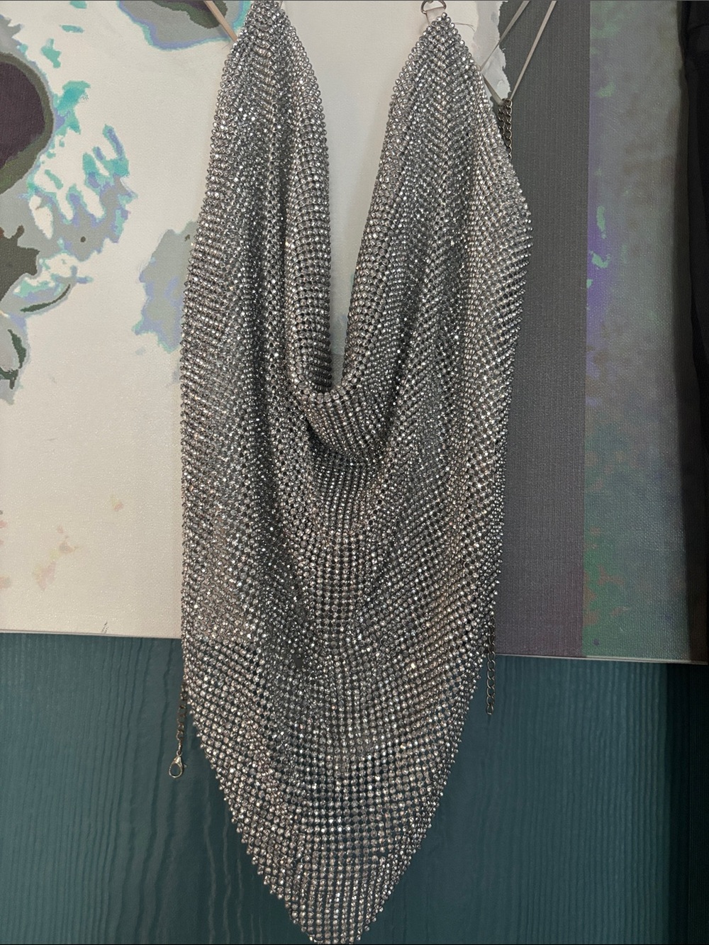 House of Harlow 1960 Silver Rhinestone Draped Mesh halter top